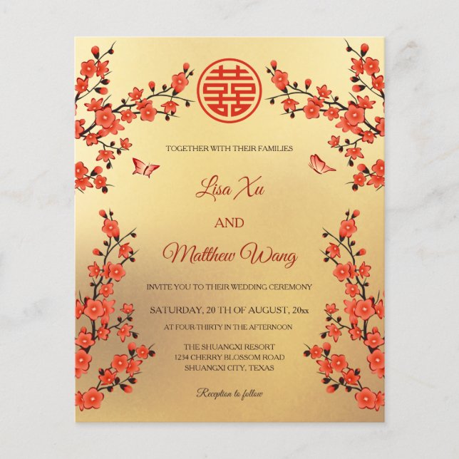 Flyer BILINGUAL Red Cherry Blossom | Casamento Chinês (Frente)