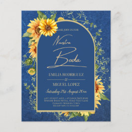 Flyer Bilingüe Rústico Azul Amarillo Girasoles Boda