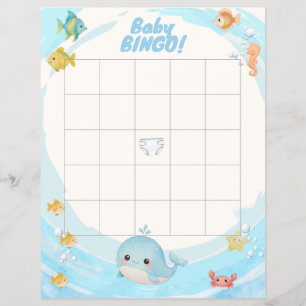 Flyer Bingo de Bebê Baleia Onda Azul Aquarela