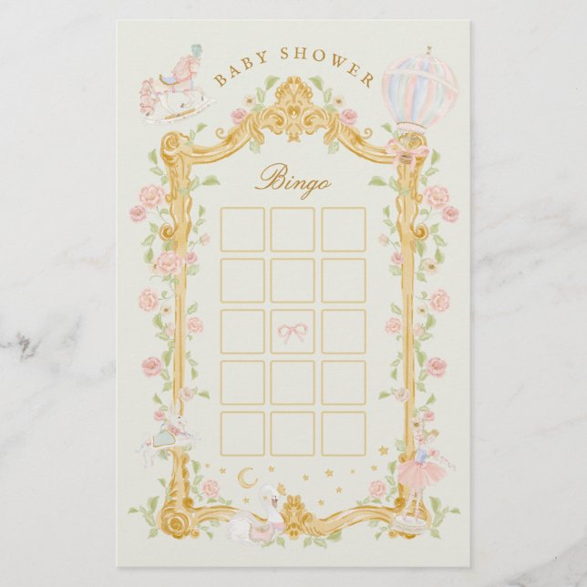 Flyer Bingo de Chá de Bebê Carrossel de Fadas Princesas (Frente)