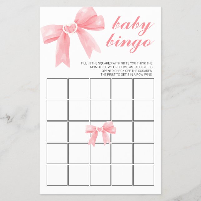 Flyer Bingo de Chá de Bebê com Laço Rosa Xadrez (Frente)