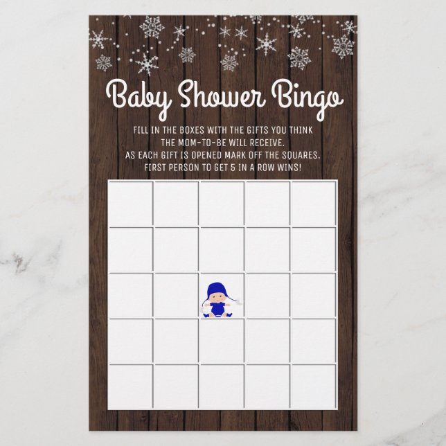 Flyer Bingo de Chá de Bebê Menino Floco de Neve Rústico  (Frente)