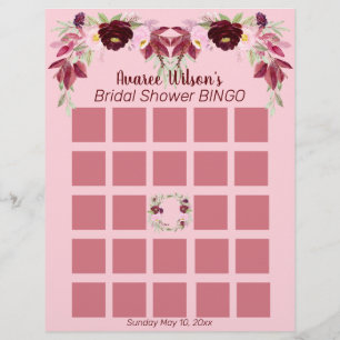 Flyer Bingo de Chá de Noiva com Aquarela Rosa e Borgonha