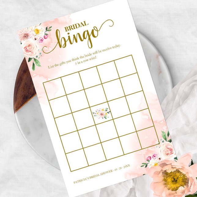 Flyer Bingo de Chá de panela Dourado Floral Rosa Blush (Criador carregado)