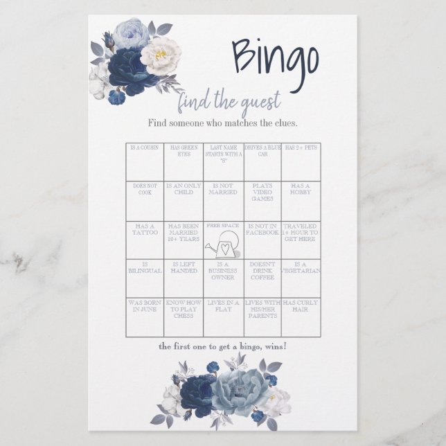 Flyer Bingo de Convidado Floral Azul Marinho (Frente)