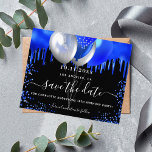 Flyer Birthday black royal blue budget save the date<br><div class="desc">Please note that this Save the date is on flyer paper and very thin. Envelopes are not included. For thicker Save the Date card (same design) please visit our store A black background decorated with royal blue drips, confetti, and balloons. Personalize and add a date and name/age. The text: Save...</div>