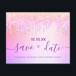 Flyer Birthday blush purple glitter budget save the date<br><div class="desc">Please note that this save the date is on flyer paper and very thin. Envelopes are not included. For thicker cards (same design) please visit our store. A girly and trendy Save the Date for a 21st (or any age) birthday party. A rainbow and unicorn colored background in purple, pink,...</div>