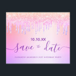 Flyer Birthday blush purple glitter budget save the date<br><div class="desc">Please note that this save the date is on flyer paper and very thin. Envelopes are not included. For thicker cards (same design) please visit our store. A girly and trendy Save the Date for a 21st (or any age) birthday party. A rainbow and unicorn colored background in purple, pink,...</div>