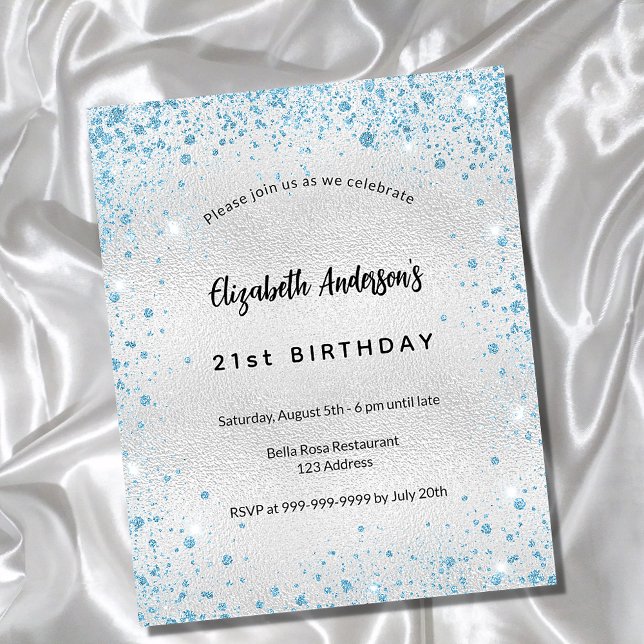 Flyer Birthday silver blue glitter budget invitation (Criador carregado)