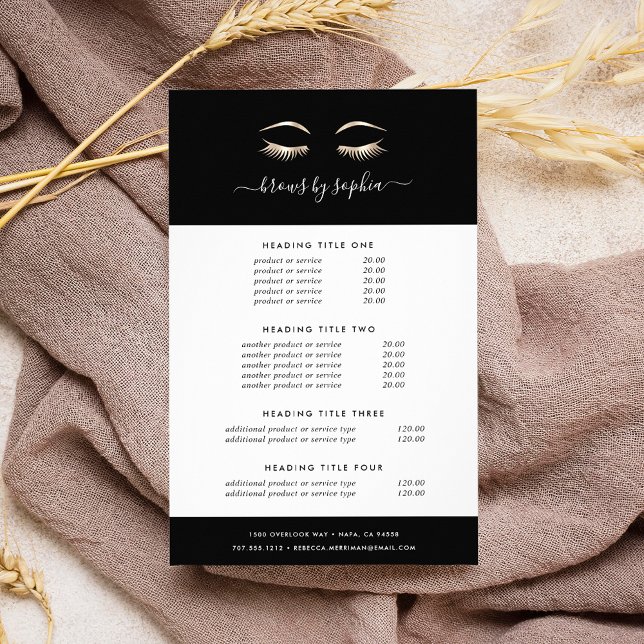 Flyer Black & Gold Lashes & Brows | Pricing & Services (Criador carregado)