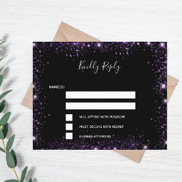 Flyer Black purple glitter elegant budget wedding RSVP