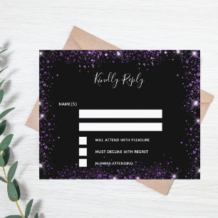 Flyer Black purple glitter elegant budget wedding RSVP