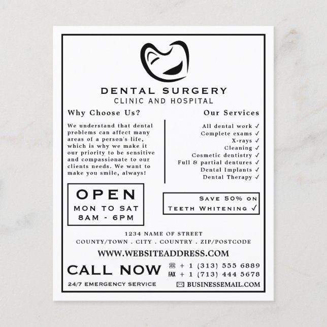 Flyer Black & White Tooth Logo Dentistry, Dentist Advert (Frente)