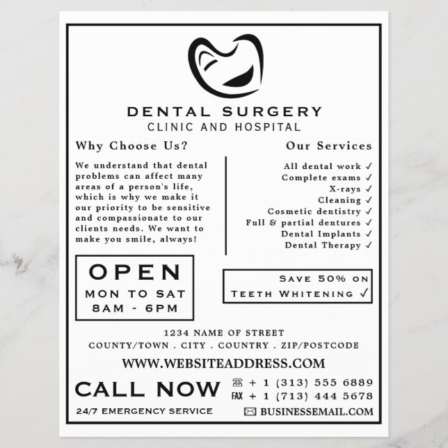 Flyer Black & White Tooth Logo Dentistry, Dentist Advert (Frente)