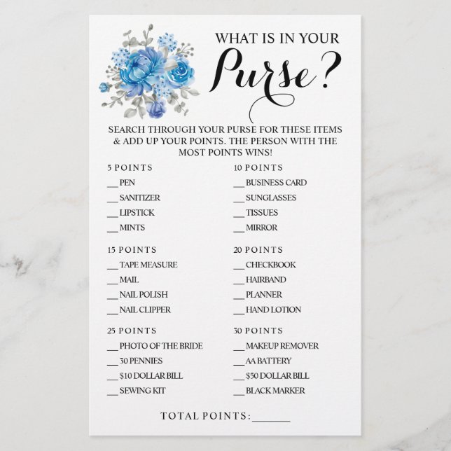 Flyer Blue Flower What is in your Purse Shower Game Card (Frente)
