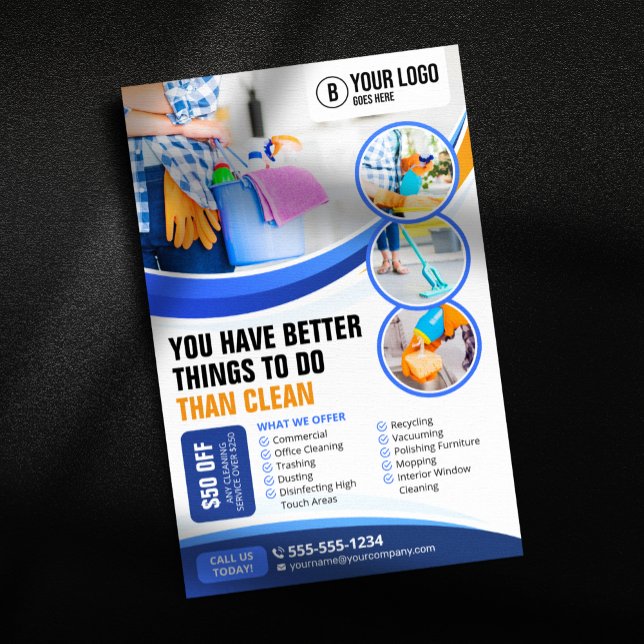 Flyer Blue Orange House Clearing Janitorial Maid Service (Criador carregado)