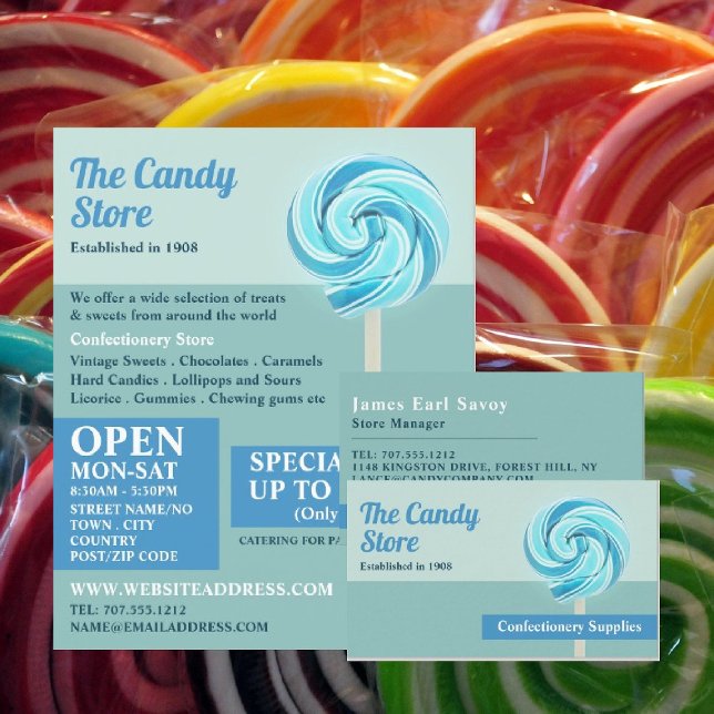 Flyer Blue Swirl Lollipop, materiais de confeitaria Adve (Criador carregado)