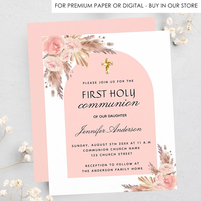 Flyer Blush pampas first communion budget invitation (Criador carregado)