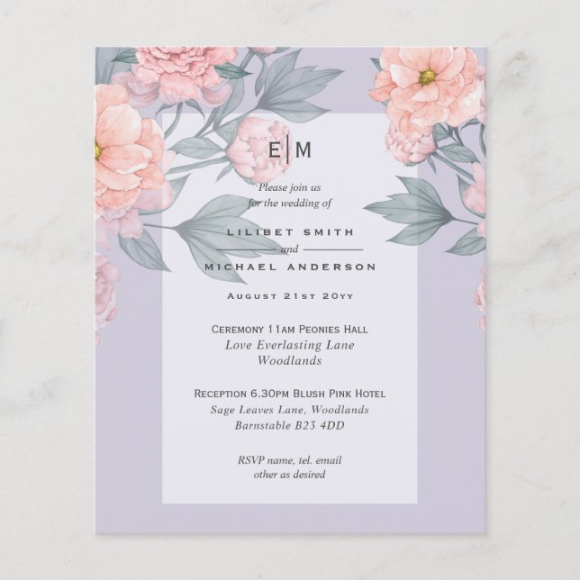 Flyer Blush Peach PEONIES Blue Wedding Invite BUDGET (Frente)