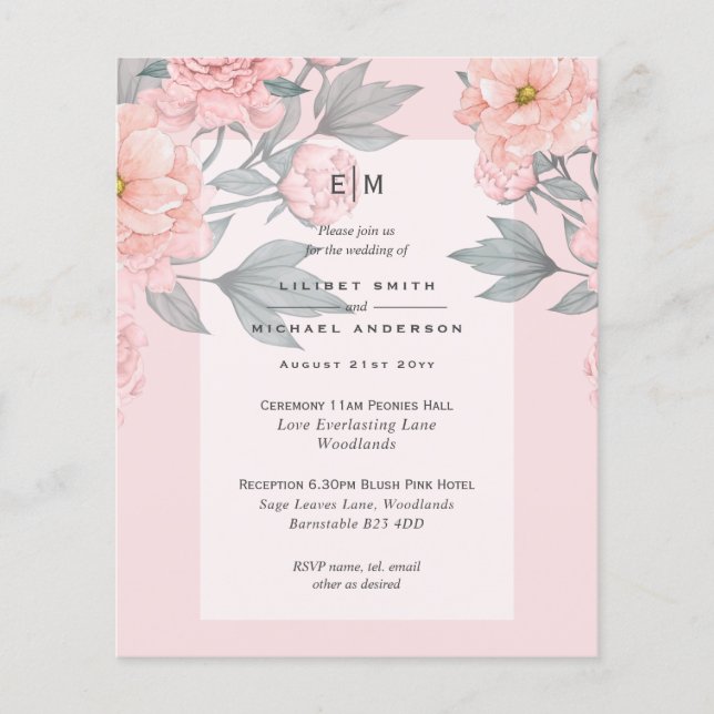 Flyer Blush Peach PEONIES Lilly Convite de casamento ORÇ (Frente)