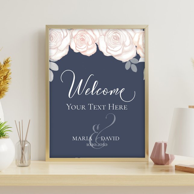 Flyer Boas-vindas ao Elegante Crie o seu próprio Tabulei (Dusty blue wedding welcome sign with blush roses and elegant calligraphy script design.)