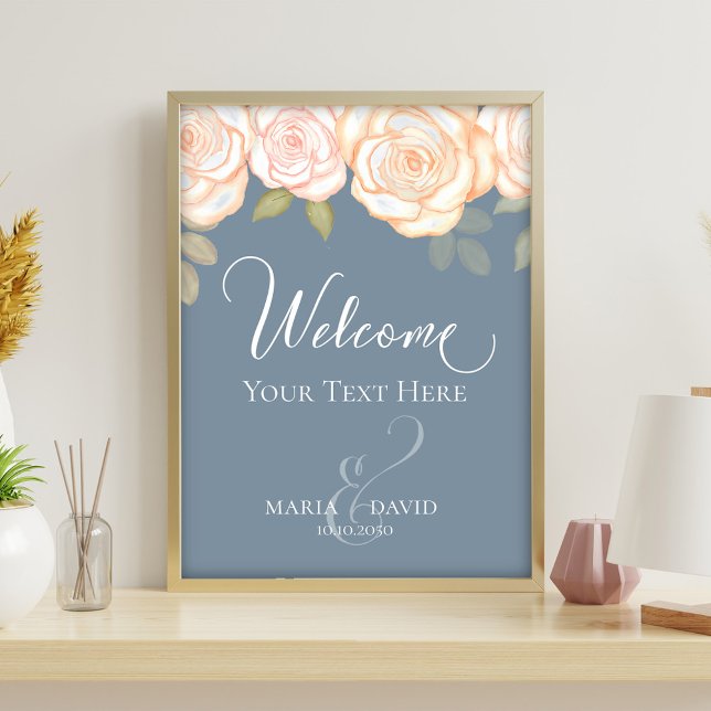 Flyer Boas-vindas ao Elegante Crie seu próprio azul empo (Dusty blue wedding welcome sign with blush roses and romantic script typography.)