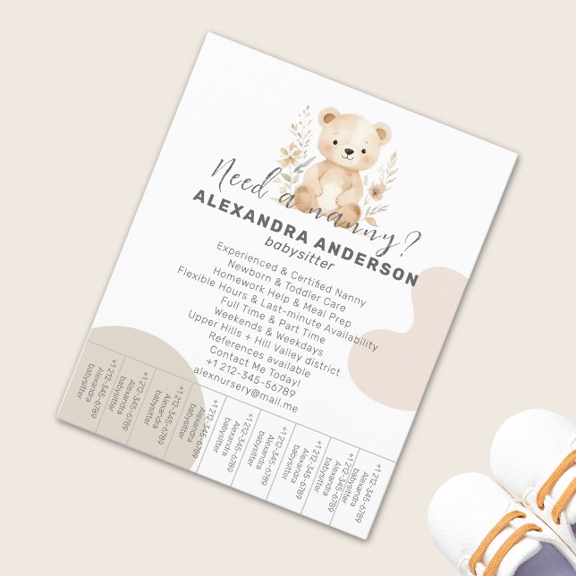 Flyer Boho Babysitter Bear Watercolor Service Tear Off (Boho Babysitter Bear Watercolor Service Tear-Off Flyer)