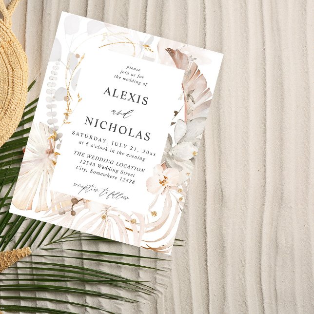 Flyer Boho Beach Tropical Beige Floral Casamento (Criador carregado)