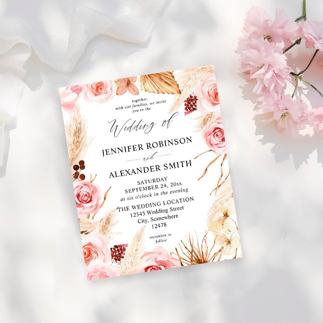 Flyer Boho de Orçamento Rosa e Beige Floral Pampas Casam (Criador carregado)