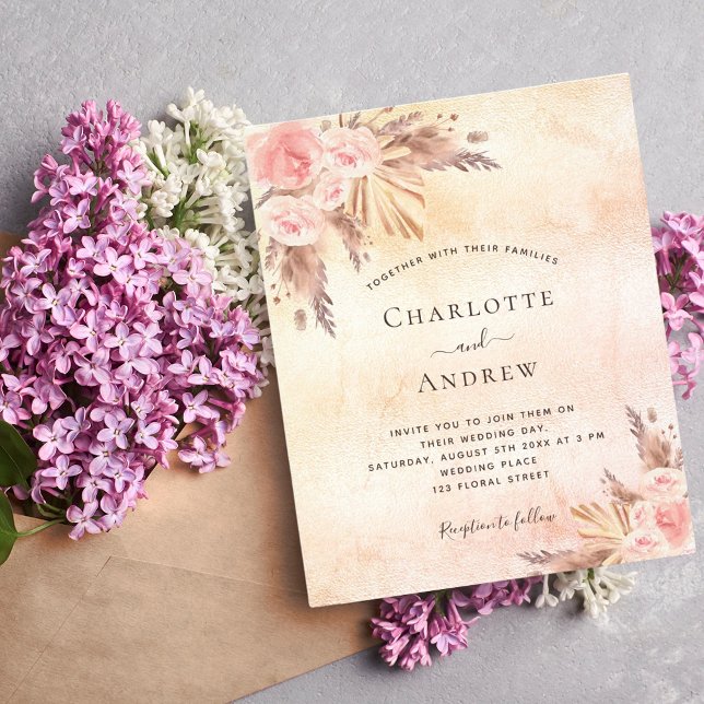 Flyer Boho pampas rosa ouro do casamento (Criador carregado)