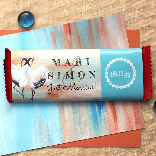 Flyer Boige Turquoise Cranes Bar de Boandy (sienna beige cyan turquoise wedding personalized chocolate candy bars wrappers labels just married)