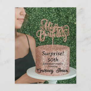 Flyer Bolo de aniversário de rosa Dourado com brilho 50º