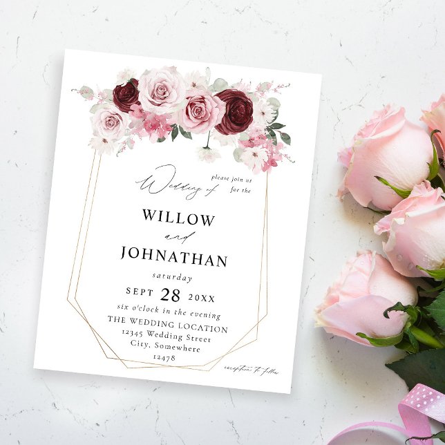 Flyer Bordo do Orçamento e Rosa 6 Ele Casamento Floral (Criador carregado)