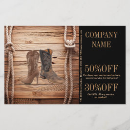 Flyer botas de cowboy em madeira vintage moda ocidental