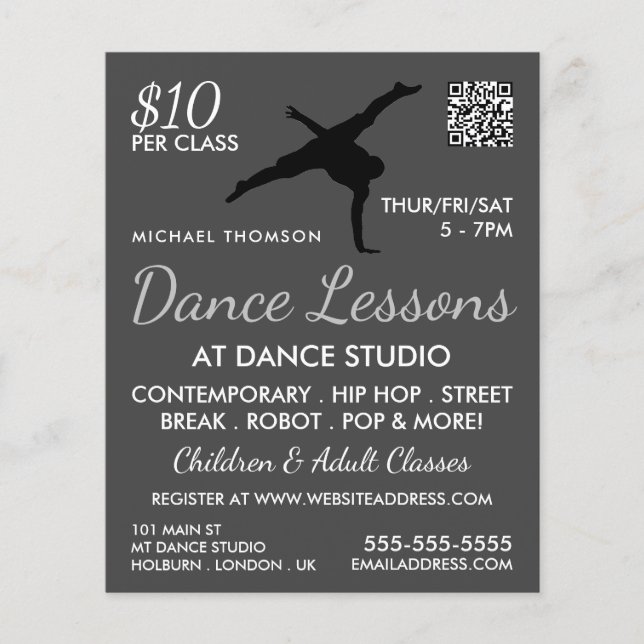 Flyer Break Dancer Silhouette, Anúncio de lição de dança (Frente)