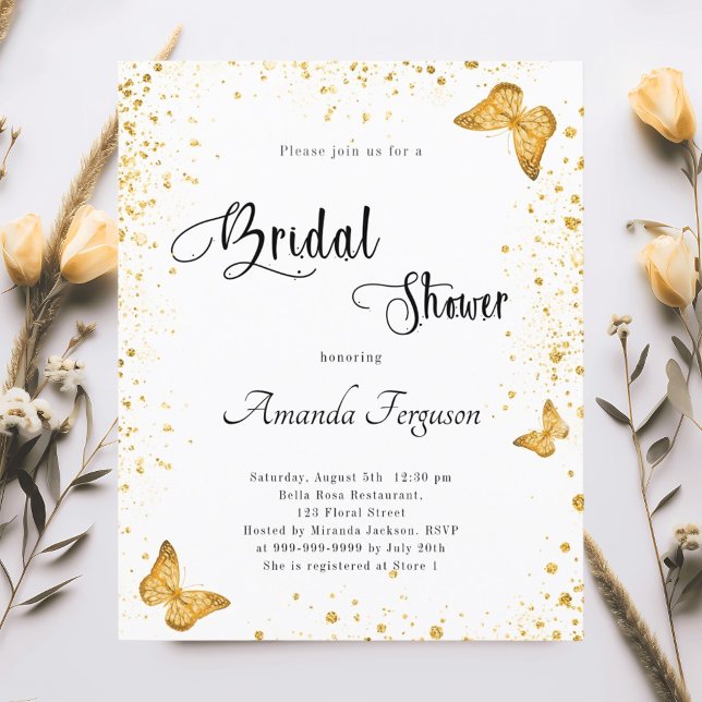 Flyer Bridal Shower white gold butterfly budget invite (Criador carregado)