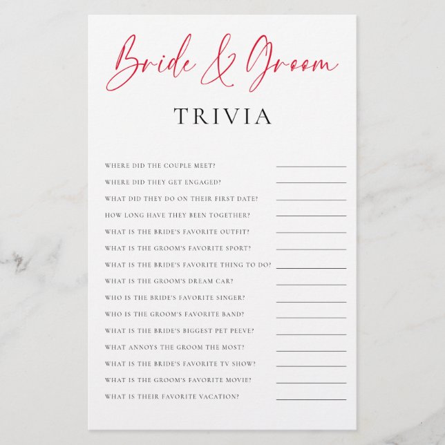 Flyer Bride Groom Trivia Valentine Bridal Shower Game (Frente)