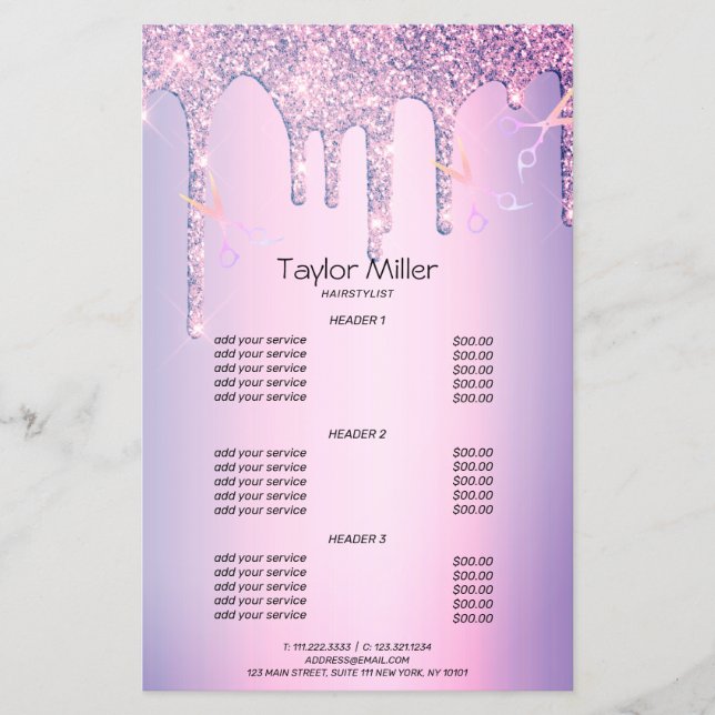 Flyer Brilho roxo pingando tesoura holográfica cabelo (Frente)