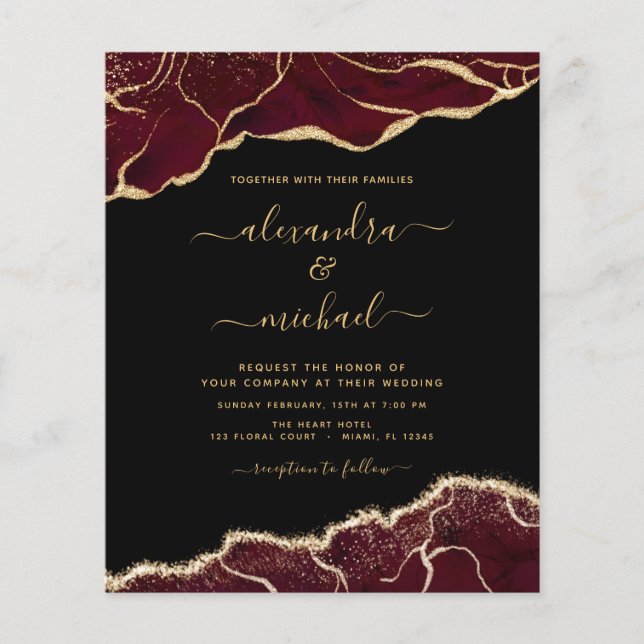 Flyer Budget Agate Burgundy Gold Wedding Invitation (Frente)