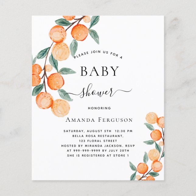 Flyer Budget Baby shower oranges invitation (Frente)