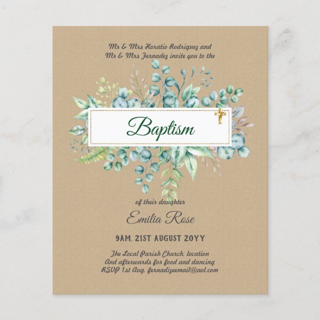 Flyer BUDGET Baptism Bautizo Bautismo GREENERInvites (Frente)