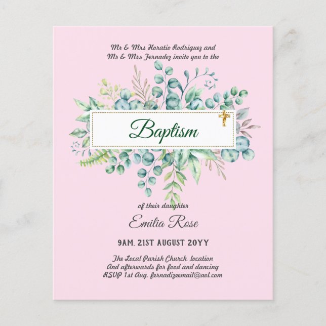 Flyer BUDGET Baptism Bautizo Bautismo GREENERInvites (Frente)