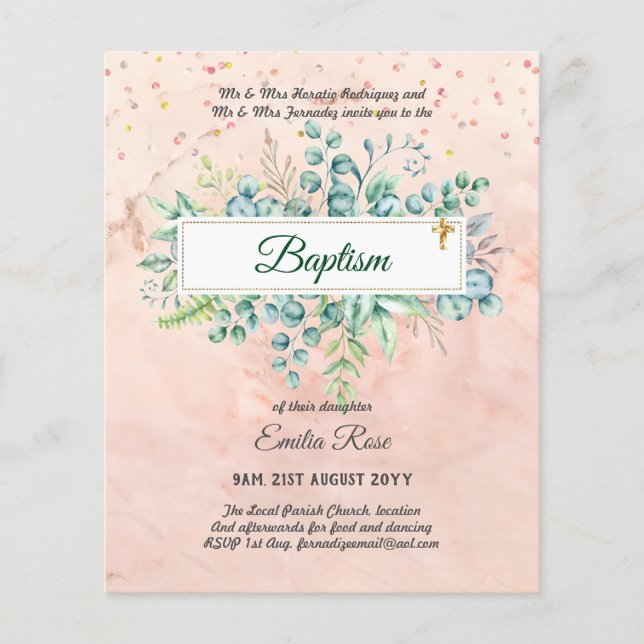 Flyer BUDGET Baptism Bautizo Bautismo GREENERInvites (Frente)