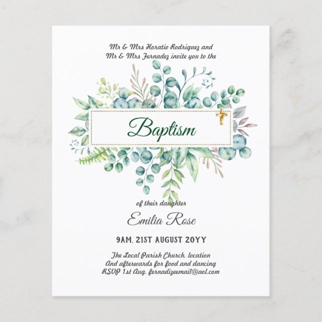 Flyer BUDGET Baptism Bautizo Bautismo GREENERInvites (Frente)