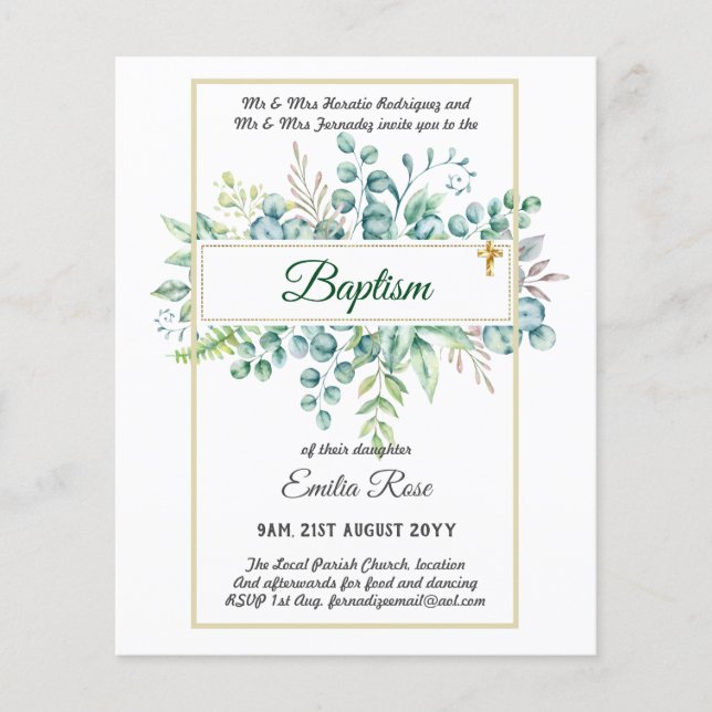 Flyer Budget BAPTISM Christening Greenery Leaves Invites (Frente)