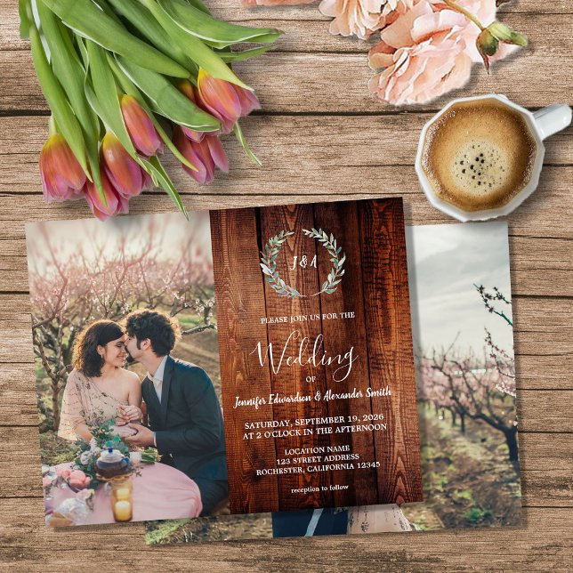 Flyer Budget barn wood monogram photo Wedding invitation (Budget barn wood monogram photo Wedding invitation Flyer. You can add your own photos to personalize)
