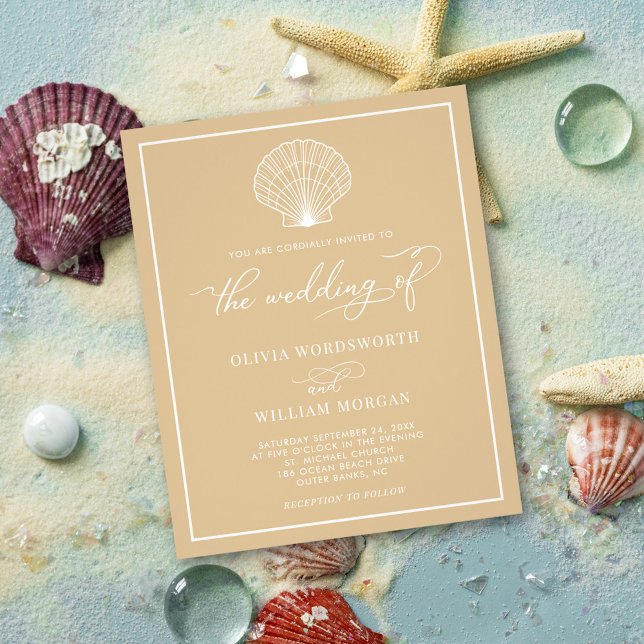 Flyer Budget Beach Seashell Wedding Invitation Beige (Criador carregado)