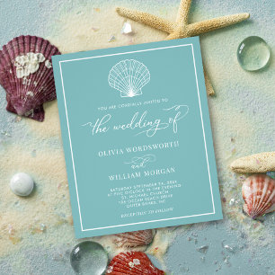 Flyer Budget Beach Seashell Wedding Invite SeaGlass Blue