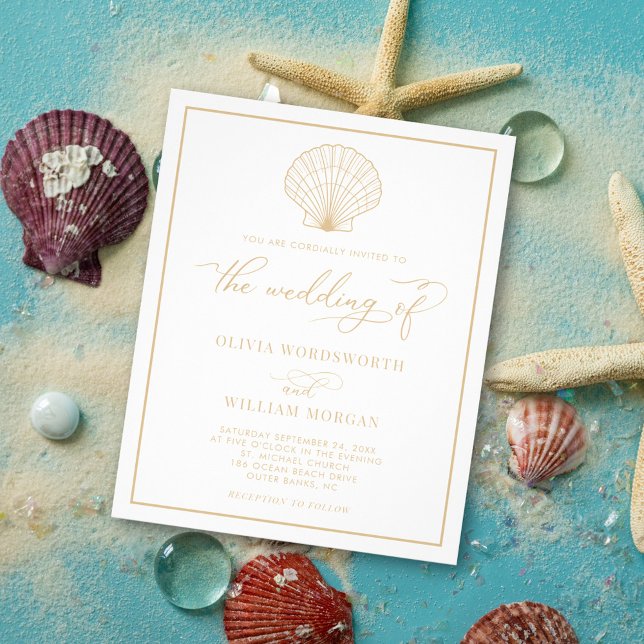Flyer Budget Beach Seashell Wedding Invite White Beige (Criador carregado)