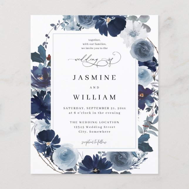 Flyer Budget Blue & Navy Floral Wedding  (Frente)